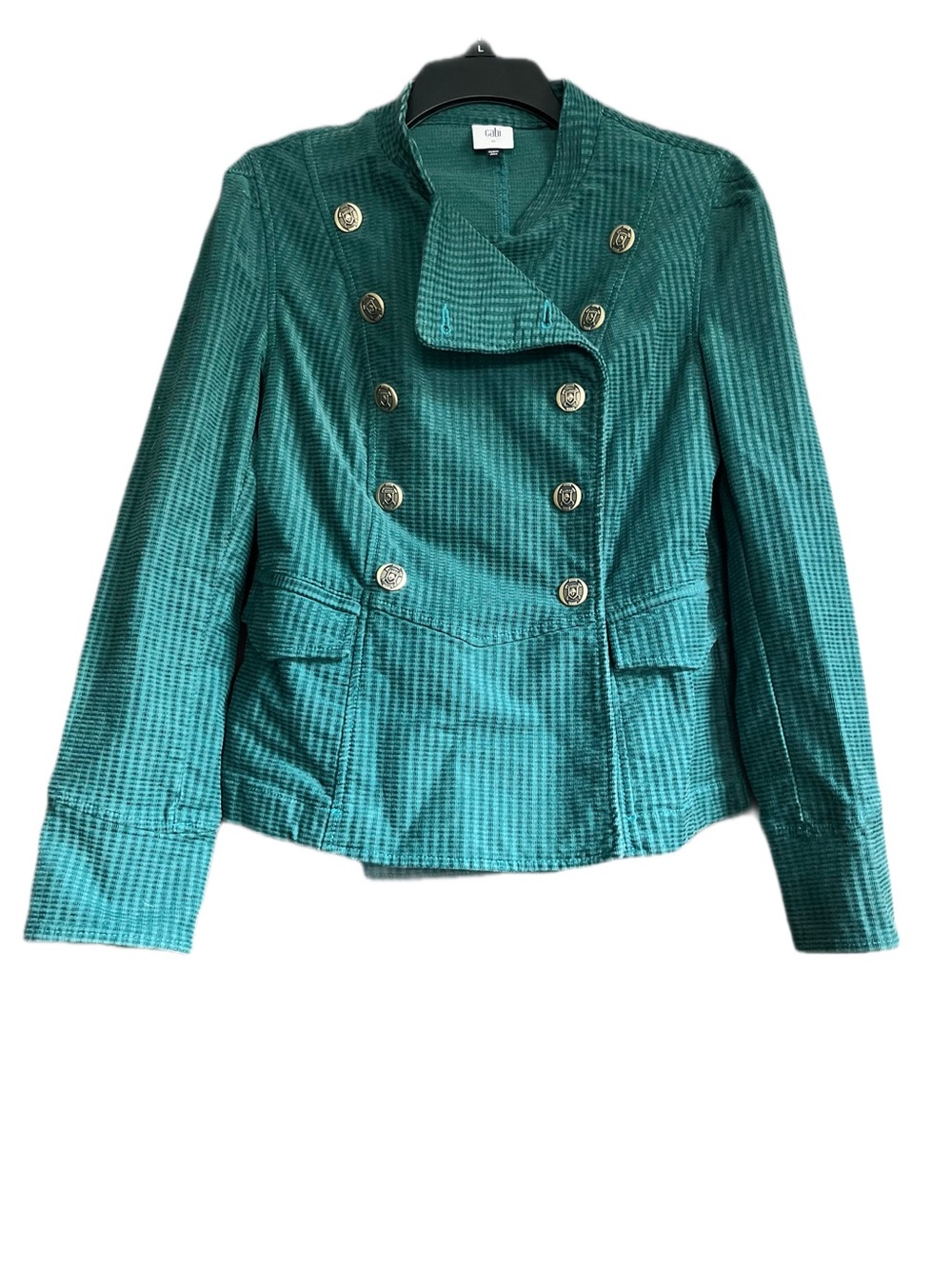 Cabi Legion Teal Green Corduroy Lennon Military Jacket Blazer Gold Crest Size M - Picture 2 of 10